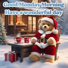 a teddy bear sitting in a chair next to a coffee cup and christmas tree with the words good monday morning have a wonderful day