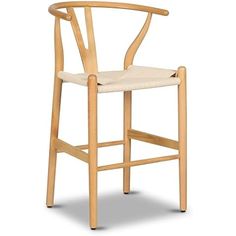 a wooden chair with a beige seat and back cushion on an isolated white background,