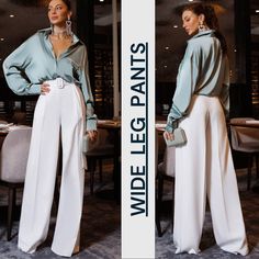 Step into refined elegance with our White High-Waist Bridal Palazzo Pants, tailored to perfection for tall women. These sophisticated pants feature a flattering high-waist design and a wide-leg silhouette, ensuring a graceful and elongated look. Perfect for the modern bride or any formal occasion, these palazzo pants offer both style and comfort. Elevate your bridal ensemble or formal wardrobe with these chic and versatile pants, designed to make you feel confident and stylish on your special da Elegant Wide Leg Bottoms For Semi-formal Occasions, Elegant Full-length Semi-formal Pantsuit, Elegant Semi-formal Full-length Pantsuit, Elegant Wide Leg Pantsuit, Elegant Wide Leg Full Length Pants For Formal Occasions, Elegant Wide-leg Pantsuit For Office, Elegant High-waisted Wide Leg Pants For Semi-formal Occasions, Semi-formal Elegant Wide-leg Dress Pants, Elegant Wide-leg Semi-formal Dress Pants