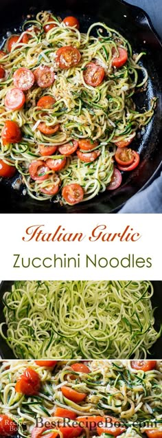 zucchini noodles with tomatoes and spinach in a skillet