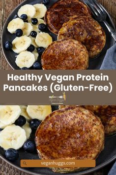 healthy vegan protein pancakes gluten - free with blueberries and banana slices