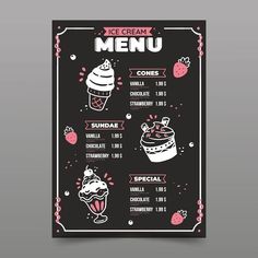 a menu for ice cream and desserts on a blackboard with pink trimming