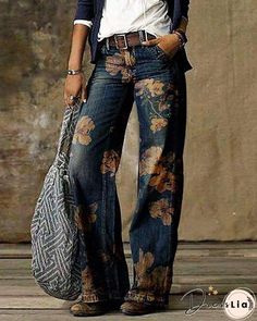 Blue Floral Casual Print Pants Retro Pants, Mode Boho, Printed Wide Leg Pants, Long Jeans, Styl Boho, Jeans Casual, Loose Jeans, Blonde Pixie, Baggy Pants