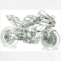 a drawing of a motorcycle is shown in black and white, as well as an outline