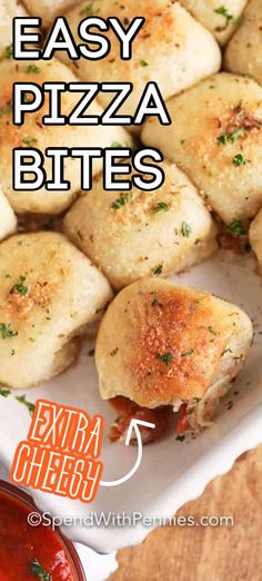 easy pizza bites recipe on a plate with dipping sauce