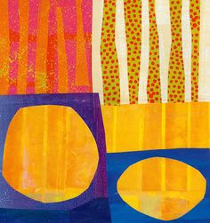 an abstract painting with oranges, blue and yellow