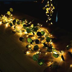 a bunch of lights that are on top of a wooden table and some plants growing out of them