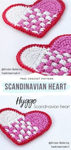 two crocheted hearts with the words scandinavian heart in white, pink and red