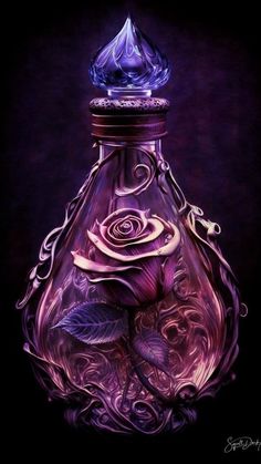 a purple glass bottle with a rose on it's top and leaves in the bottom