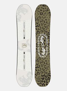 the snowboard is designed to look like an animal print