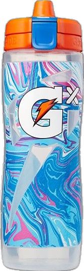 a blue and orange water bottle with the letter g on it