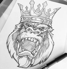 a drawing of a lion with a crown on it's head and mouth open