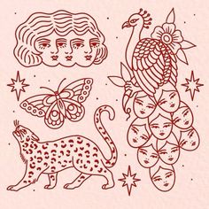 an image of some animals and birds in red ink on pink paper, with stars around them