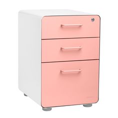 a pink and white filing cabinet with three drawers on each side, against a white background