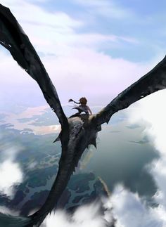 a person sitting on top of a dragon flying through the sky