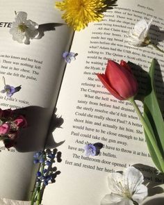 an open book with flowers laying on top of it and the pages are opened to read