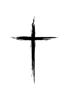 a black and white image of a cross with paint splattered on it's side