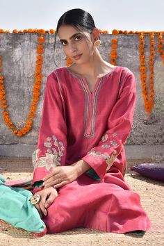 Buy Pink Chanderi Kurta Set For Women by Kanika Sharma Online at Aza Fashions. Badla Embroidery, Contrast Dupatta, Cotton Churidar, Kurta Set For Women, Embroidered Sleeves, Embroidered Dupatta, Handwoven Fabric