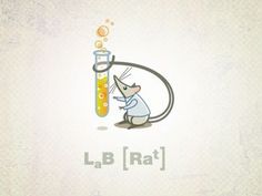 a cartoon mouse holding a test tube with liquid in it and the word lab rat written below