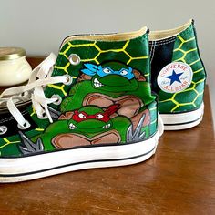 Custom Painted And Sealed Tmnt Converse. Size 7 Women, 5 Men! Worn Once! Converse Shoes Custom, Cute Converse Shoes, Painted Converse, Cute Converse, Converse Black, Shoes Custom, Custom Painted, Womens Converse, Converse Shoes