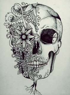 a drawing of a skull with flowers on it