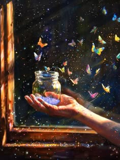 a painting of a person holding a jar with butterflies in it