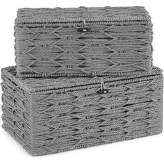 two gray wicker baskets stacked on top of each other