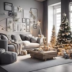 a living room decorated for christmas with candles and decorations on the wall, couches and coffee table