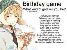 an image of a birthday card with anime characters in the background and text that reads, what kind of god will you be?