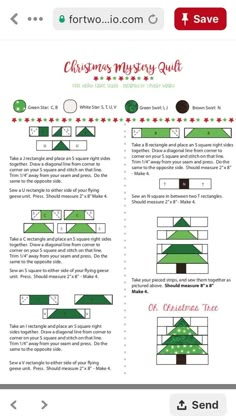 the christmas mystery quilt pattern is shown in green and red, as well as instructions to make