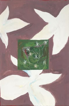 an abstract painting with white flowers and leaves