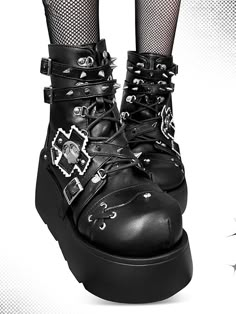 Get ready to rock the punk look with these edgy platform boots. Featuring spike studs , leather buckles, and a chunky heel, these boots are the perfect statement piece for your alternative wardrobe.   Please note that this product includes only one pair of shoes.  Garment Size   	 		 			Size 			35 			36 			37 			38 			39 			40 		 		 			Foot Length 			22.5 			23 			23.5 			24 			24.5 			25 		 		 			Heel 			4.5-7.5 			4.5-7.5 			4.5-7.5 			4.5-7.5 			4.5-7.5 			4.5-7.5 Punk Shoes Aesthetic, Spike Boots, Spiked Boots, Alternative Boots, White Platforms, Alt Shoes, Edgy Shoes, Skull Shoes, Rock Boots