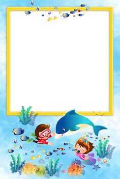 an underwater scene with two children in front of a white board for text or image