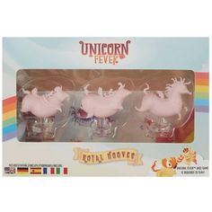 three plastic toy horses are in the package for playtime toys, including unicorns