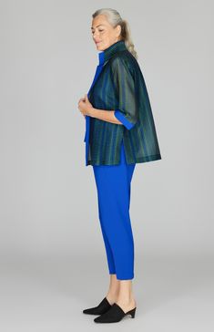 Our signature open front high neck shirt jacket cut in a sheer organza-like fabric and finished with effortless coordinating Lustrous Crepe trim. Elegant Blue Sheer Blouse, Elegant Blue Blouse For Layering, High Neck Shirt, High Neck Shirts, Wearing Red, Pant Shirt, New Arrival Dress, Skirts For Sale, Neck Shirt