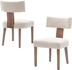 two white chairs with wooden legs on a white background, one has a beige upholstered seat and the other is a light colored wood frame