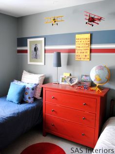 Red Dresser, Boys Bedroom Makeover, Airplane Theme, Big Boy Bedrooms, Striped Walls, Paint Stripes, Trendy Bedroom, Boy Bedroom, Big Boy Room