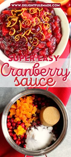 Bowl of homemade cranberry sauce topped with orange zest; ingredients for making cranberry sauce in a saucepan. Cranberrysauce Thanksgiving, Thanksgiving Alcohol, Best Cranberry Sauce, Cranberry Orange Sauce, Homemade Cranberry Sauce, Cranberry Relish, Cranberry Sauce Recipe, Cranberry Sauce Homemade, Orange Sauce