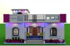 this is a 3d rendering of a house with purple and blue lighting on the windows