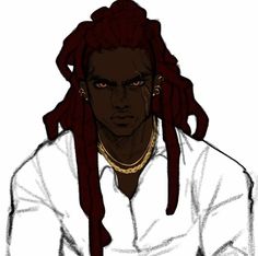 a drawing of a man with red dreadlocks on his head and wearing a white shirt