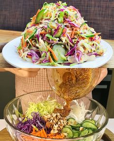 there are two pictures of different salads in the same bowl