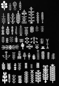 a black and white poster with different types of trees on it's sides, all in various shapes and sizes