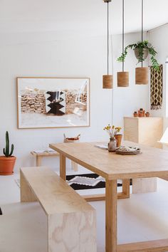 a wooden table with two benches in front of it and potted plants hanging from the ceiling