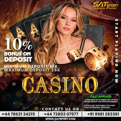 a flyer for a casino event with a woman holding two gold dices and playing cards