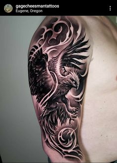 a man's half sleeve with an eagle and swirls tattoo on his arm