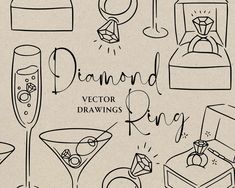 a set of hand drawn items such as jewelry, ring, and wineglasses