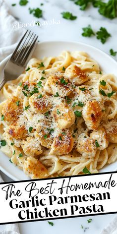 the best homemade garlic parmesan chicken pasta on a white plate with text overlay