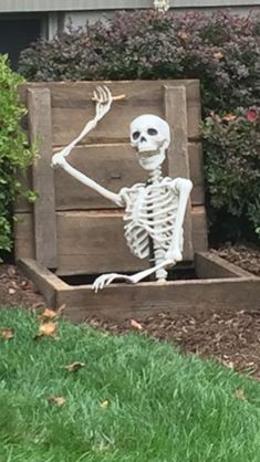 a skeleton sitting in a wooden box outside