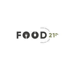 the logo for food 21 is shown with fork and spoons in black on a white background