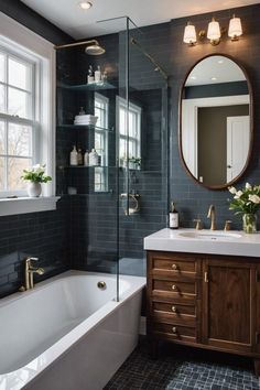 a bath room with a tub a sink and a mirror